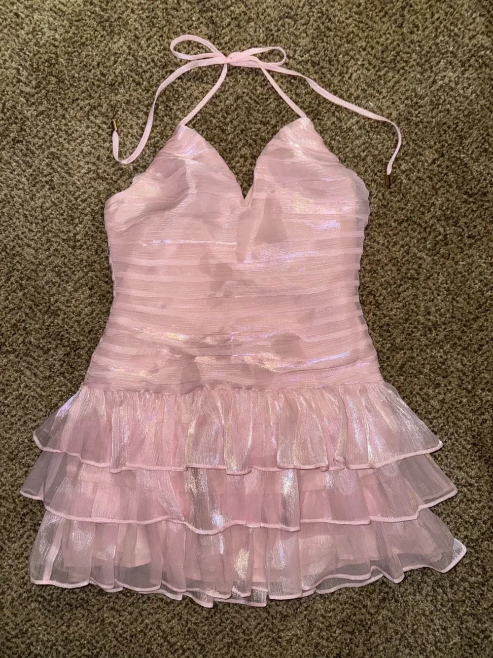 Shimmery Pink Halter Ruffle Mini Dress